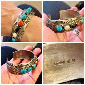 Vintage Wilbert Benally Sterling Silver Turquoise & Coral Cuff Bracelet